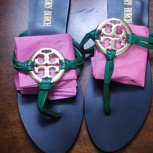 Tory Burch Green and Gold Logo Sandals Sz.38